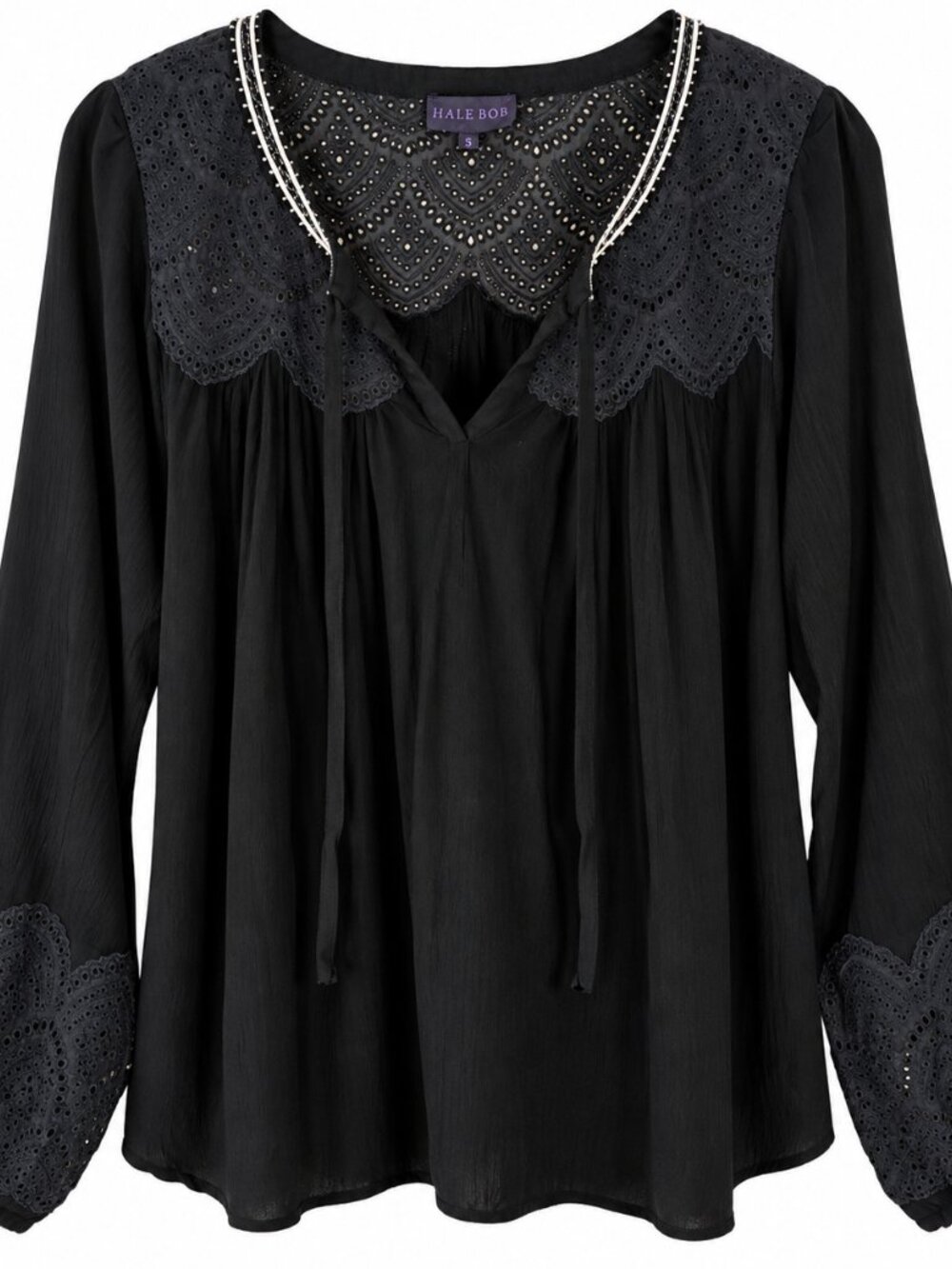 Hale Bob Black Eyelet Lace Embroidered Boho Peasant Blouse Small